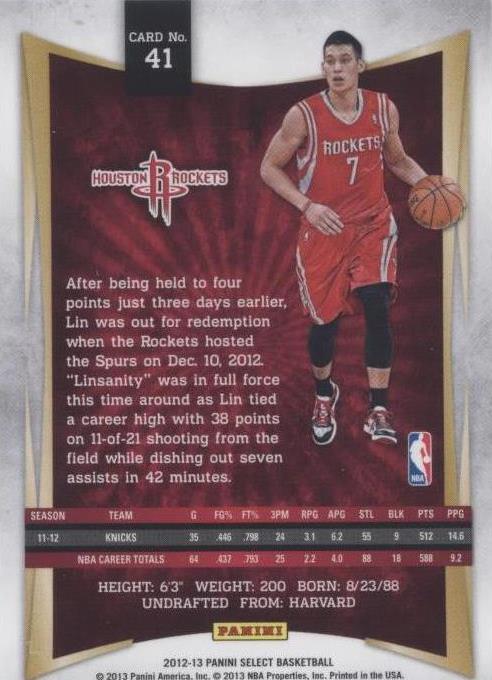 2012-13 Panini Select - Jeremy Lin #41 for sale | eBay