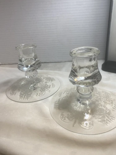 Vintage Pair Heisey Orchid Etched Candlestick Candle Holders