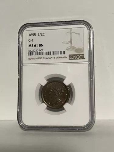 NGC MS-61 BN 1855 Braided Hair Half Cent, Sharply Struck, Lustrous specimen!
