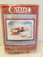 Vintage Cathy Needlecraft Stamped Crewel Embroidery Kit #0504 Winter Sleigh Ride