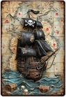Vintage Pirate Ship Metal Sign Skull and Treasure Chest Design 8x12 inch