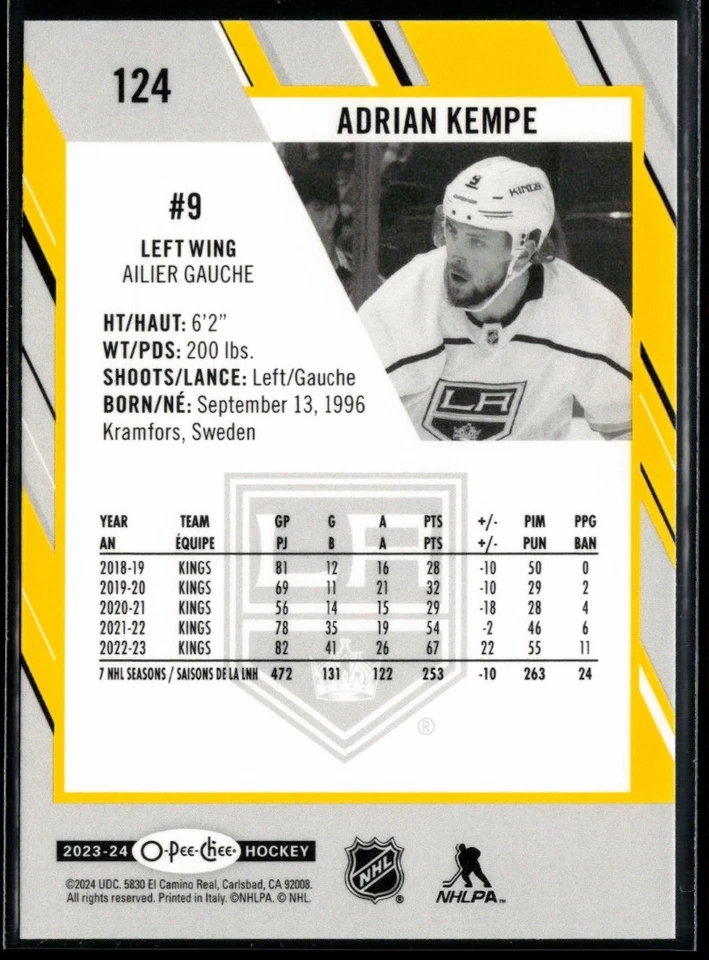 2023-24 O-Pee-Chee Yellow #124 Adrian Kempe - Image 2 of 2