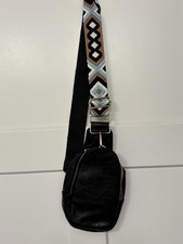 Black Crossbody Sling Bag Vegan Leather Women  s Knit Threaded Strap