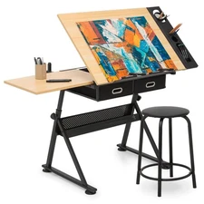 Monibloom Adjustable Drafting Table & Stool Set with Storage, Versatile Art Desk