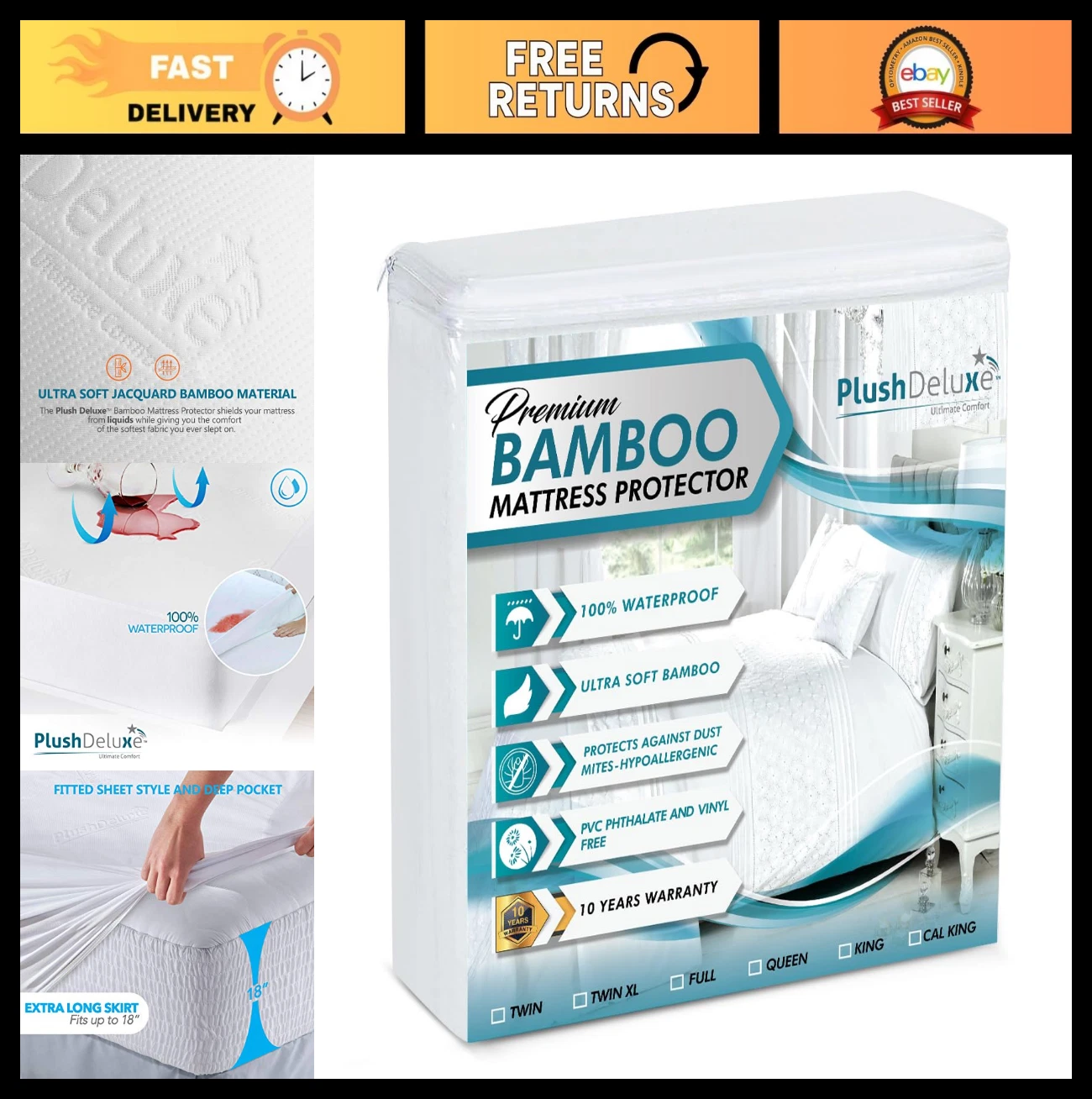 Premium Bamboo Mattress Protector - Full Size, Waterproof, Ultra Soft & Noiseles