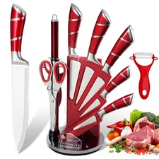 9PCS Kitchen Knife Set Chef Knife Set with Sharpener Block Knife Set Sharp 