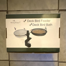 HrayTop Deck Mount Seed Bird Feeder Bird Bath Set, Black/Clear Metal/Plastic