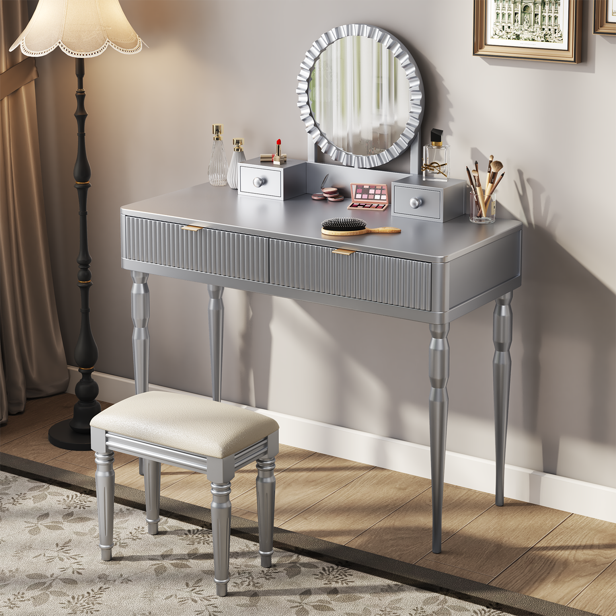 Luxury Vanity Desk with Round Mirror,Height-Adjustable, Stylish Dressing  Table | eBay