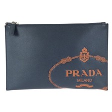 Prada Saffiano Leather Clutch Bag Women Blue One Size