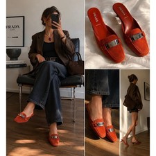 Vintage Prada Suede Orange Statement Kitten Heels Mules 36.5 Square Toe 6.5