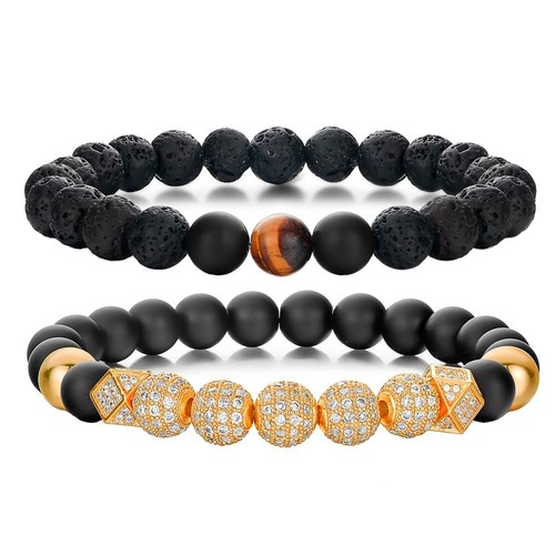 2PCS Crown Couples Bracelet for Men Women Bracelet Adjustable 8MM Beads (Gold 2 - Afbeelding 1 van 6