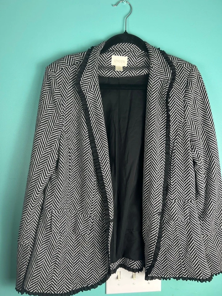 Chaqueta Blazer Mujer Chico's Negro Blanco Espiga Talla 8 Chicos 1 Foto 2 de 4