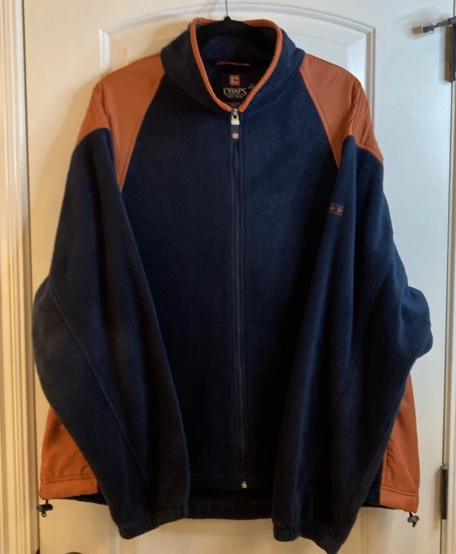 Men’s XL Chaps Full Zip Fleece Jacket Navy Orange Pockets Warm Outdoors Sports