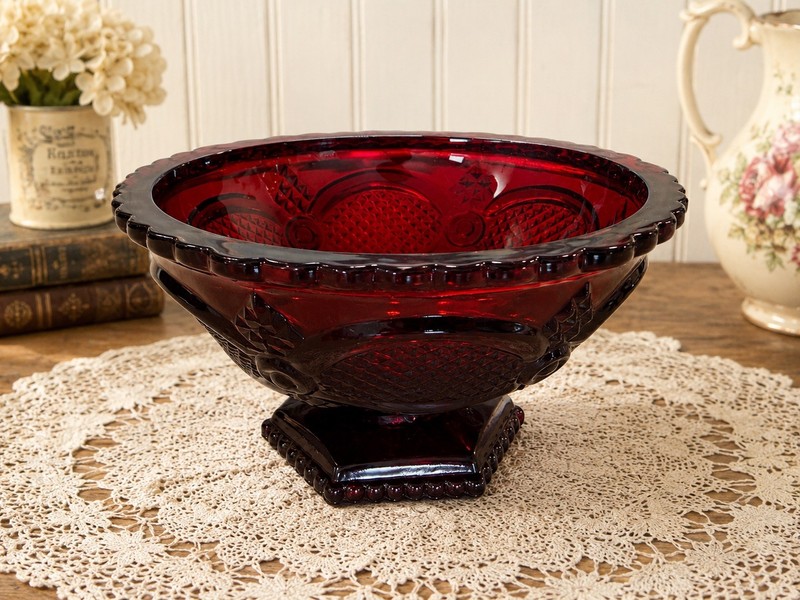 Vintage Avon 1876 Cape Cod Collection Ruby Red Glass Pedestal Candy Dish.