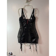 Seven ‘Til Midnight Black Faux Leather Mesh Corset Lingerie w/ Garters 
