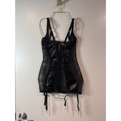 Seven  Til Midnight Black Faux Leather Mesh Corset Lingerie w/ Garters 