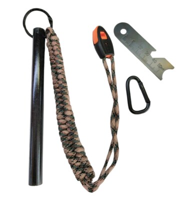 Ferrocerium Stab 6''x1/2'' mit Paracord Schlüsselband, Schlüsselanhänger, Karabiner & Pfeife