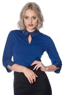 Blaue Vintage 50er Rockabilly Bluse Retro Sekretär Kragen Top von BANNED Apparel
