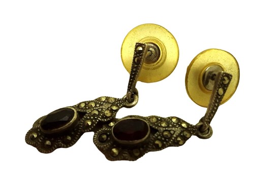 Pair Sterling .925 Silver Dk Red Ruby 1960's Stud Earrings Vintage 1.25" Dangle - Picture 4 of 6