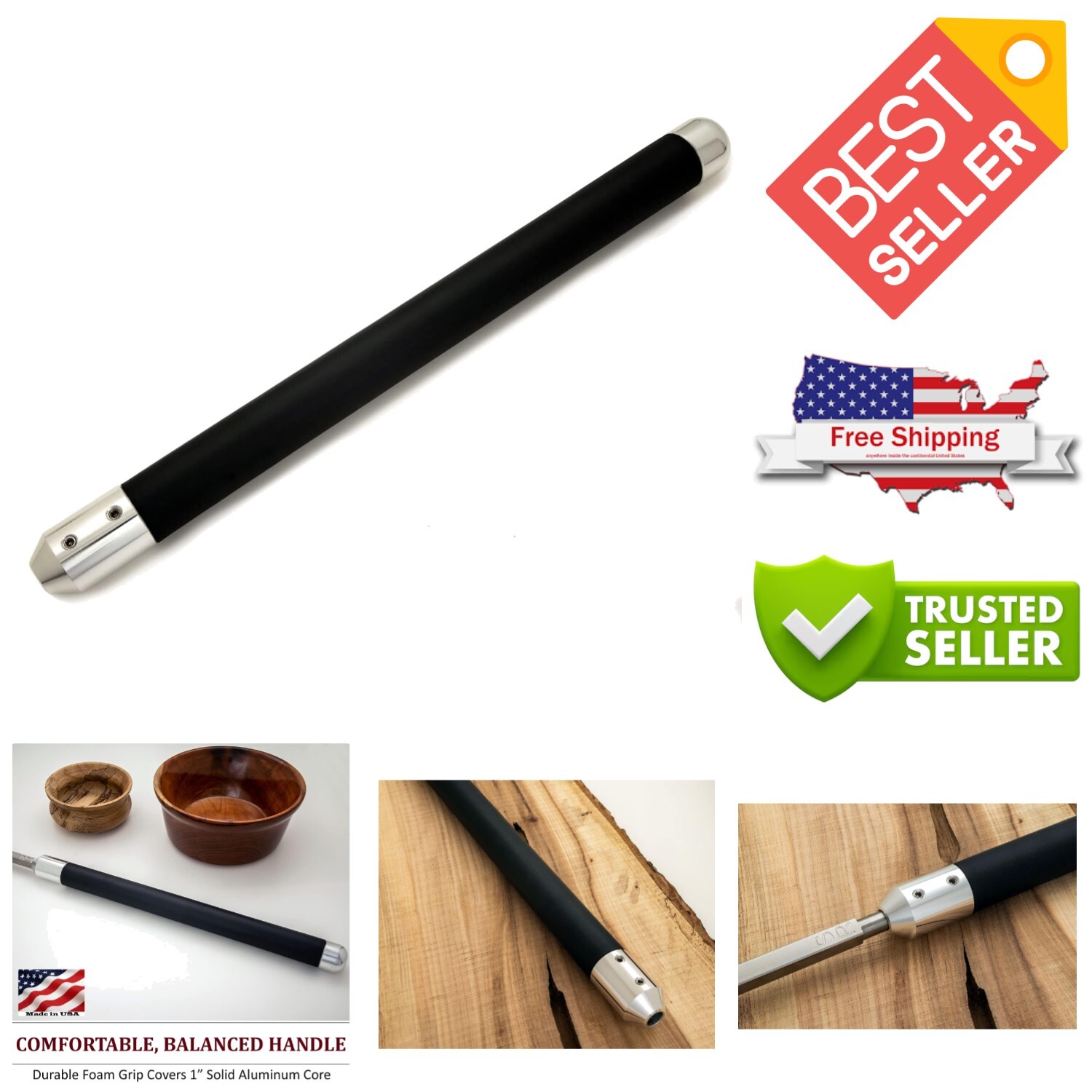 Well-Balanced Lathe Tool Handle with Foam Grip - 1-3/8'' Diameter Silver Finish