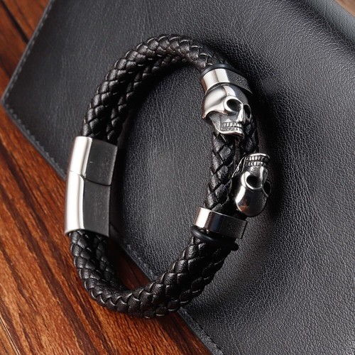Pulsera Calavera Acero Inoxidable Cuero Trenzado Esqueleto Pulsera Punk Joyería - Imagen 12 de 35
