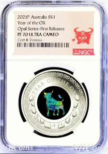 2021 Australia OPAL LUNAR Year of the OX 1 oz Silver Proof Coin NGC PF70 FR 