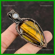 Copper Pear Natural Tigers Eye Rainbow Moonstone Wire Wrapped Birthday Pendant