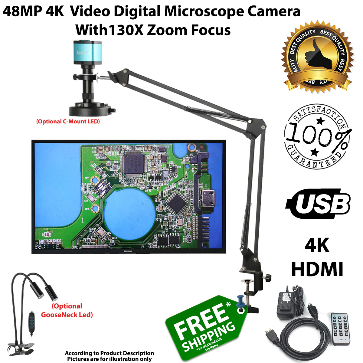 NEW 48MP 4K HDMI USB Industrial Video Digital Microscope Camera