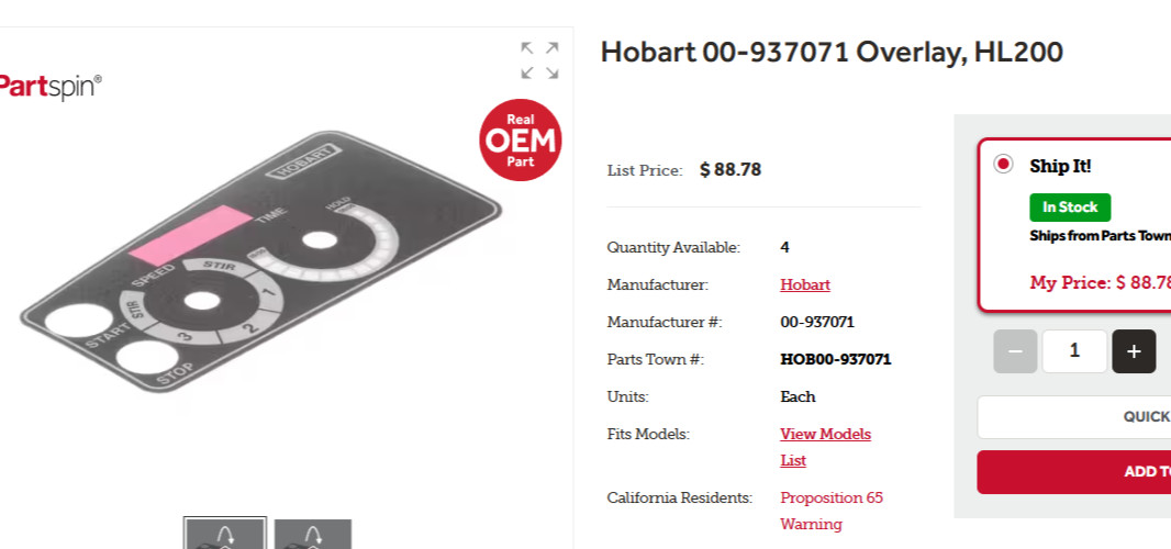 Hobart LEGACY HL200 Label, Overlay - Free Shipping Hobart # 00-937071
