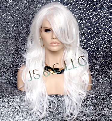 Stunning Long Beach wavy Full Human Hair Blend wig HEAT SAFE bangs White wnta 60