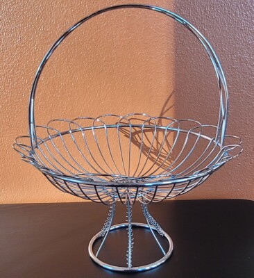 Vintage Chrome Mothership Fruit Basket, Round Bowl Wire Centerpiece Modern Eames