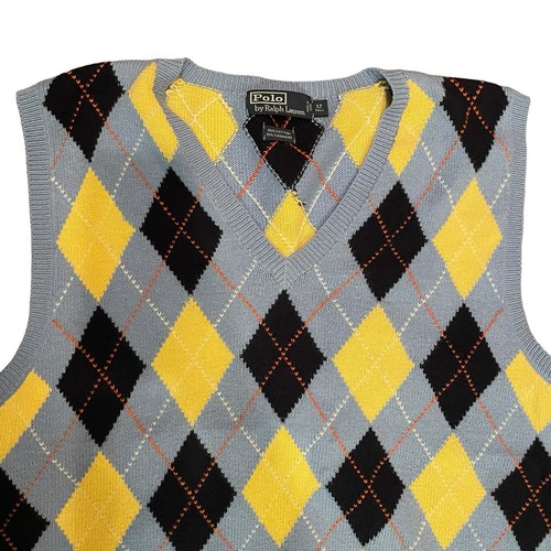Polo Ralph Lauren Men’s Large Tall Argyle Sweater Vest Blue & Yellow Cashmere - Picture 2 of 7