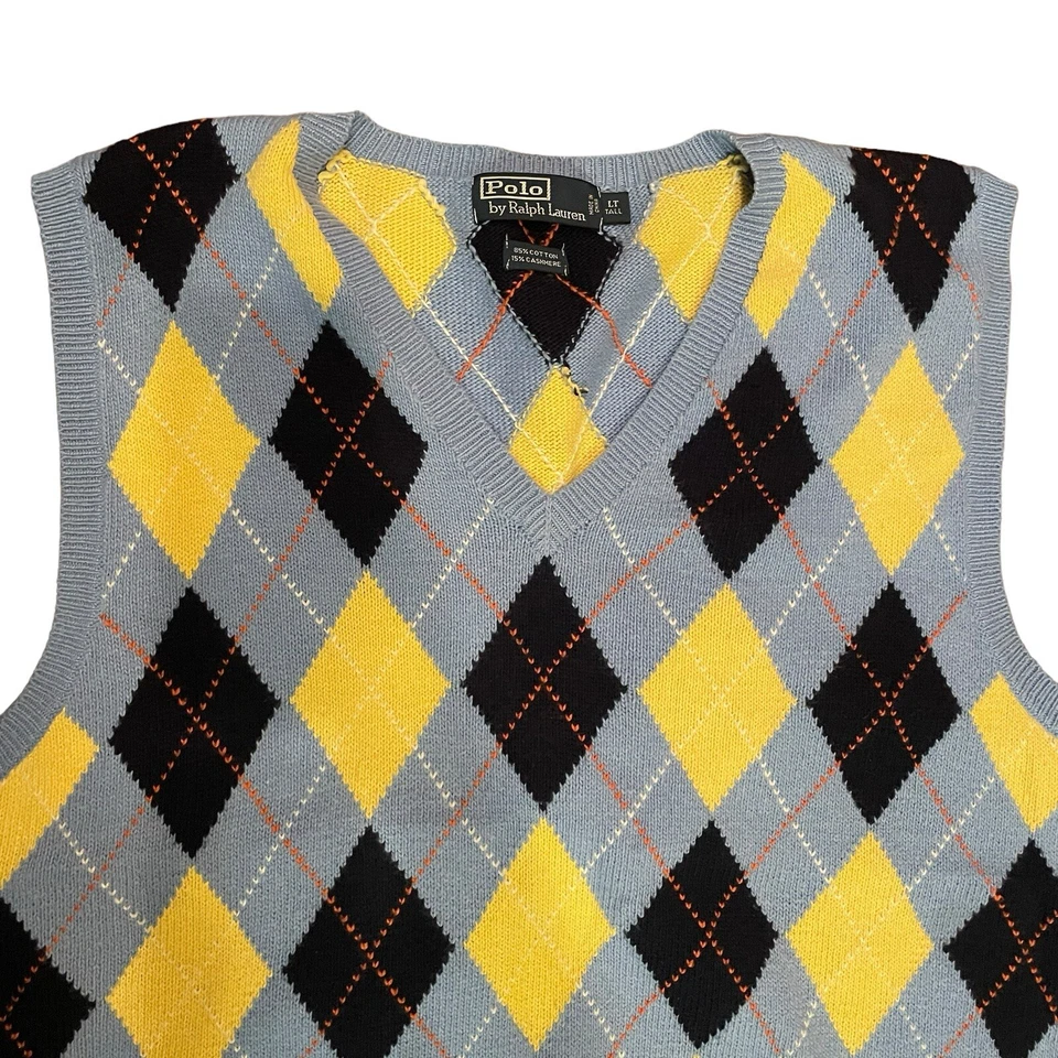 Polo Ralph Lauren Hombre Grande Alto Argyle Suéter Chaleco Azul y Amarillo Cachemira Foto 2 de 4