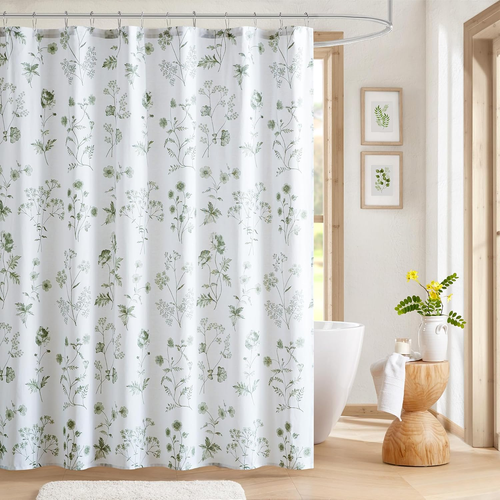 Botanical Floral Print Cotton Shower Curtain, Standard Size 72X72, Sage Green - Picture 10 of 12