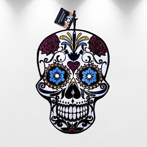 Glitter Wood Hand Painted DAY OF THE DEAD SUGAR SKULL Wall Hanging Halloween - Picture 1 of 8