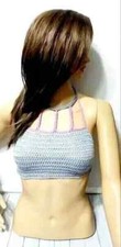 crochet womans handmade boho crop top summer festival M/L sugarbliss gray