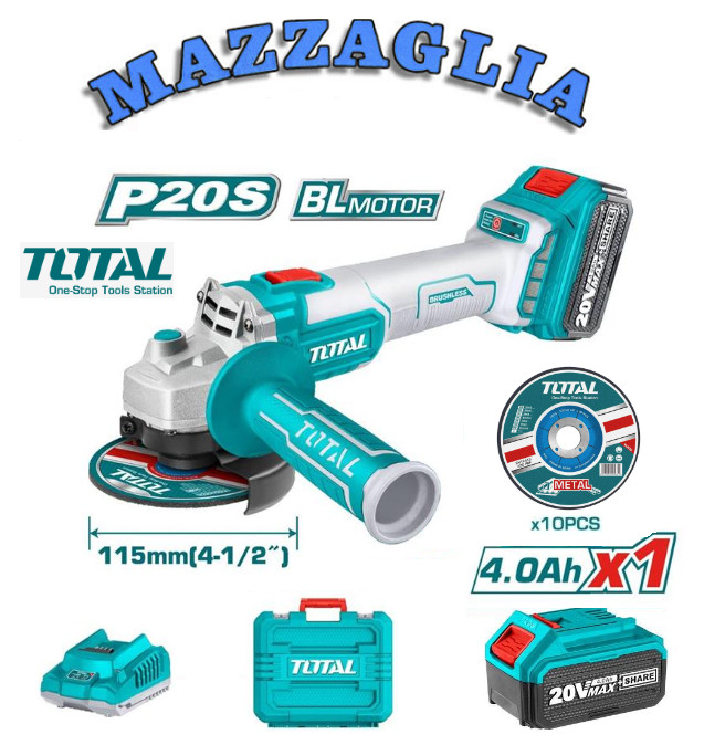 TOTAL Smerigliatrice 20V TAGLI211541: Kit 4Ah, Caricatore e 10 Dischi