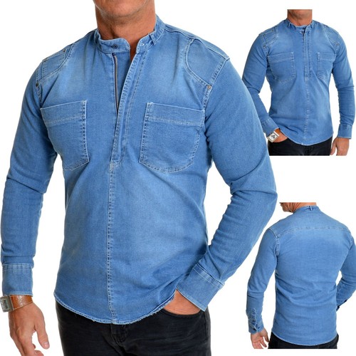 Men's Heavy Duty Denim Jean Shirt Zipper Grandad Collar Front Pockets Acid Wash