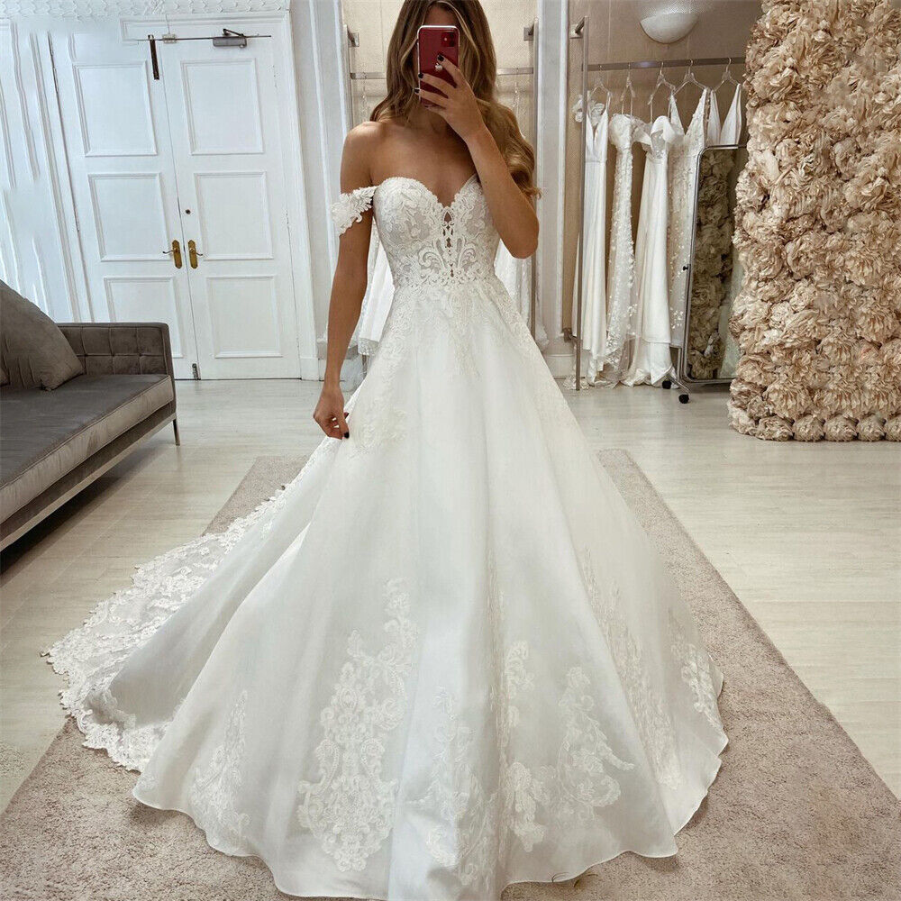 Off The Shoulder Wedding Dresses Lace Appliques A Line Sweep Train