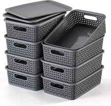 [ 8 Pack ] Plastic Storage Baskets with Lids, Small Pantry Organization, Stackab