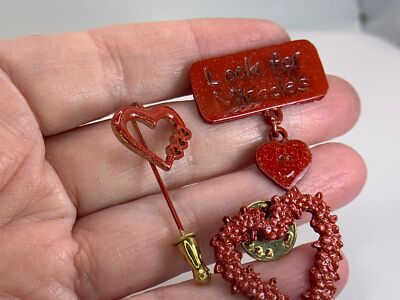 Lot of 3 Valentine  Hearts Red Vintage Metal Brooch Tack Lapel Pin M-2016 AS IS