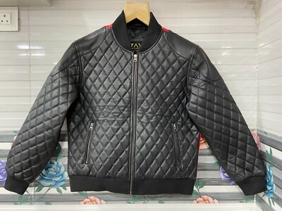 Men's Real Leather Bomber Jacket Black & Red Quilted Coat Soft Lambskin Jacket