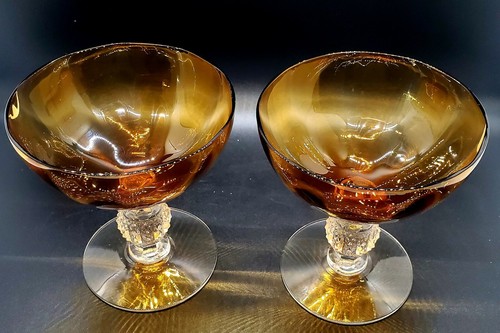 Crystal & Amber Champagne Glass Set of 2 Ball Stem 4.5 in Tall 4.25 Dia - Picture 2 of 2