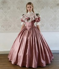 1860s Vintage Victoria Prom Dresses High Neck Civil War Pink Satin Evening Gowns