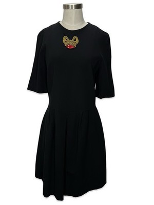 Vivetta Italy Black Gold Bow & Red Lips Whimsical Dress Size 44 8 US