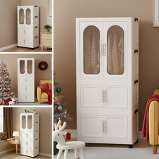 Portable Wardrobe Foldable Plastic Clothes Cabinet with Doors and 4 Wheels White