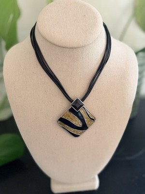 Vintage Michaela Frey Black & Gold Enamel Pendant Multi Strand Necklace