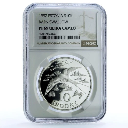 Estonia 10 krooni Barn Swallow KM-26 Bird Fauna PF 69 NGC silver coin 1992