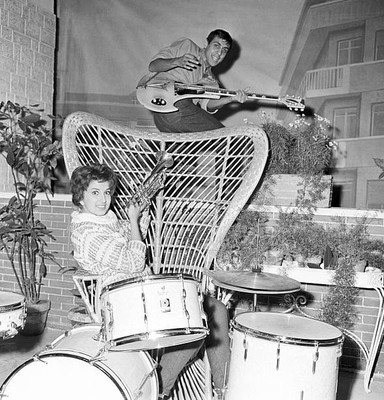 Mina and and actor Adriano Celentano playing music together 1959 Old Photo 2
