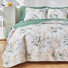 3 Pieces Microfiber Quilt Set, Botanical Green Leaves on White Reversible Des...